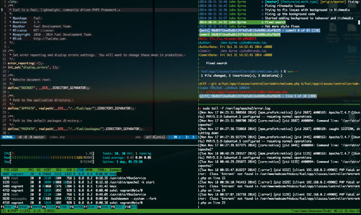Screenshot of tmux running a session with vim, htop, tig, and tail running