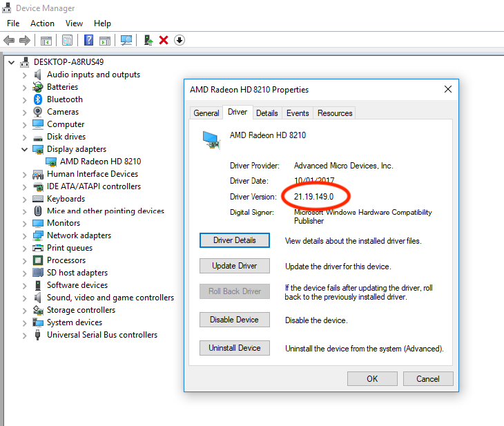 Windows Device Manager screen with version 21.19.149.0 highlighted
