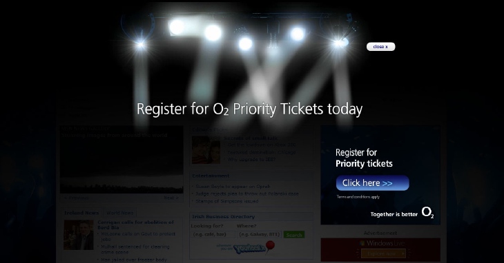 O2 Priority Tickets MSN Takeover expanded state